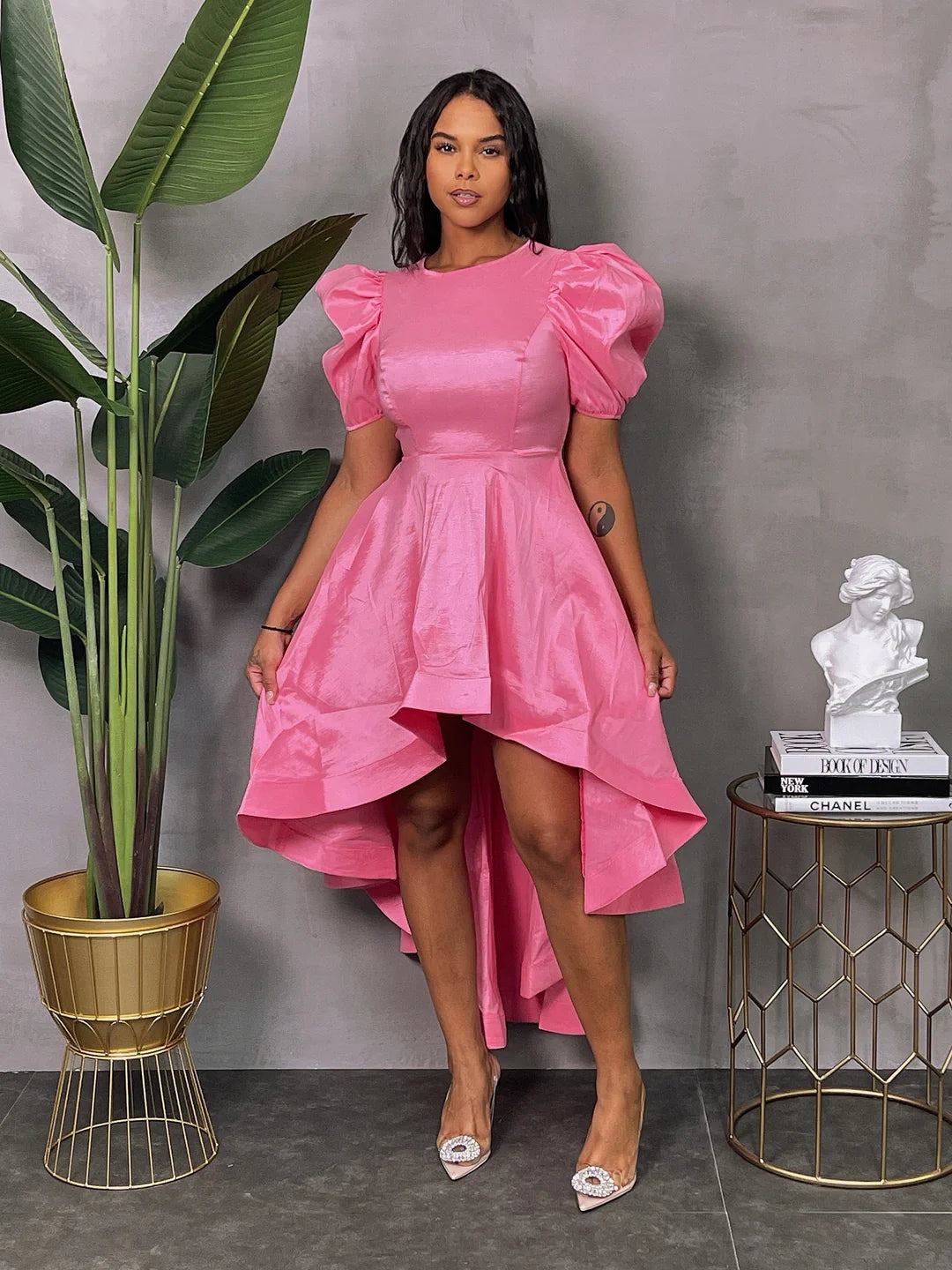 TAFFETA PUFF SLEEVE HI-LO DRESS The Unique Boutique TAFFETA PUFF SLEEVE HI-LO DRESS The Unique Boutique