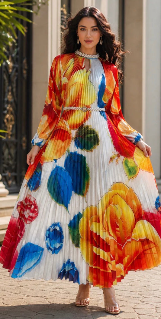 SUNBURST PLEATED MAXI DRESS