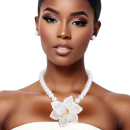 Pearl Necklace Cream Flower Pendant Set