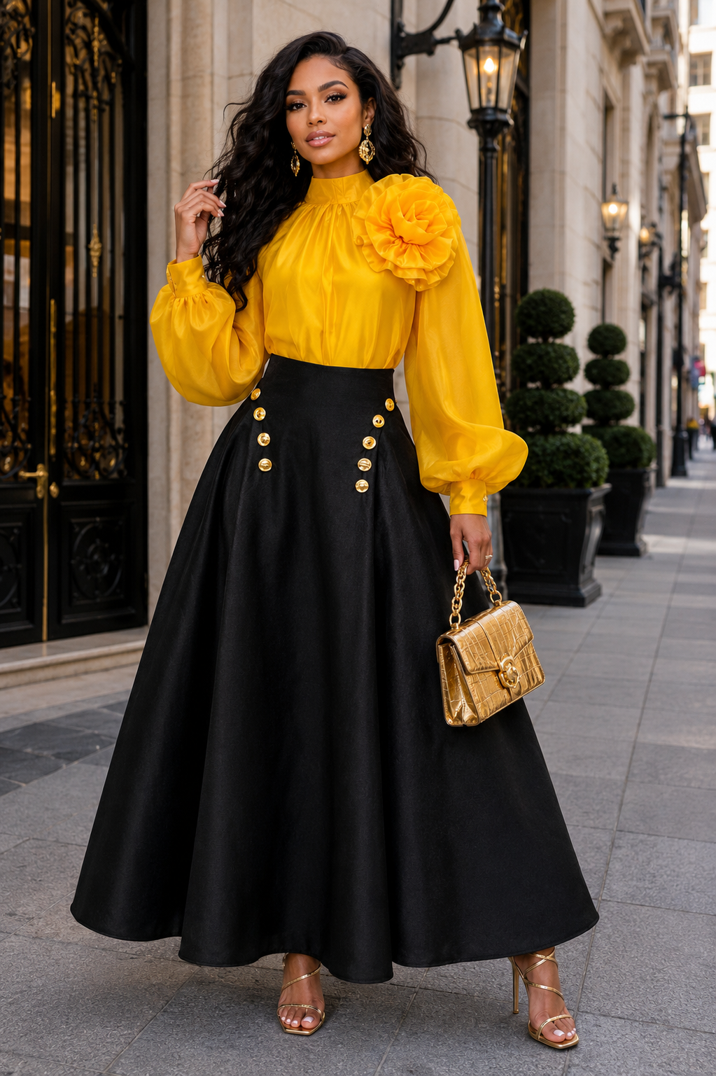 DRAMATIC FLOWER
APPLIQUE PUFF SLEEVE TOP