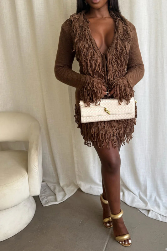 TASSEL TRIM KNIT TOP & SKIRT SET