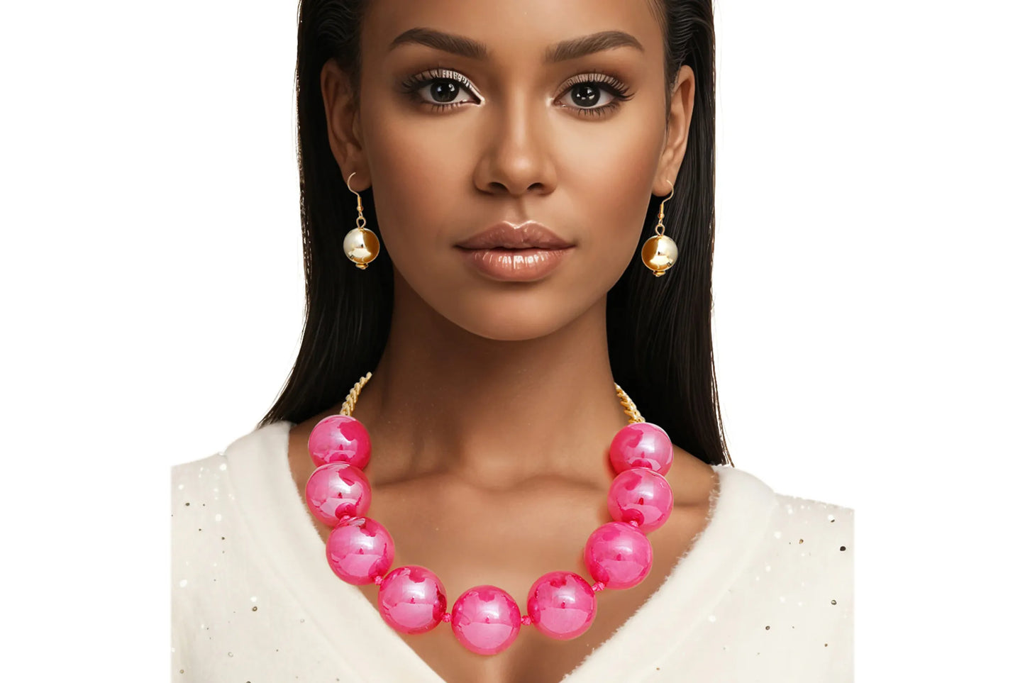 Necklace Fuchsia Marble Jumbo Ball Bead Set
