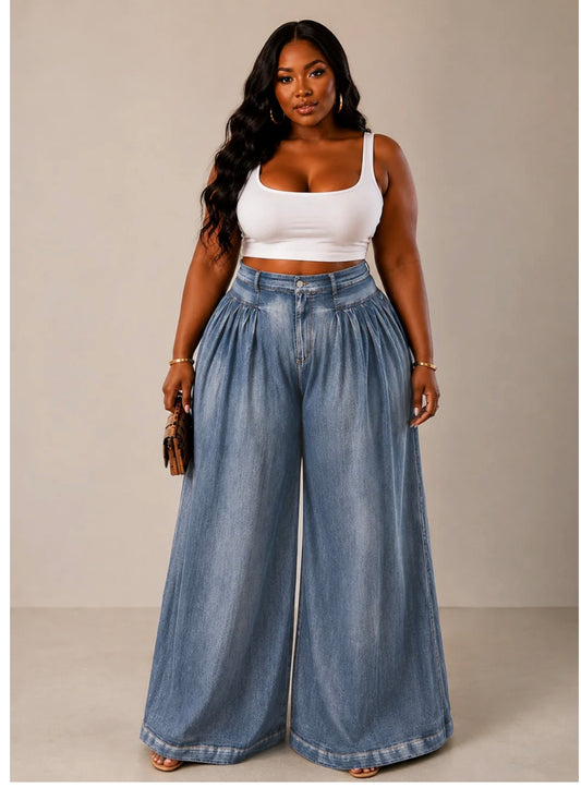 HIGH WAIST DENIM WIDE LEG PANTS (PLUS)