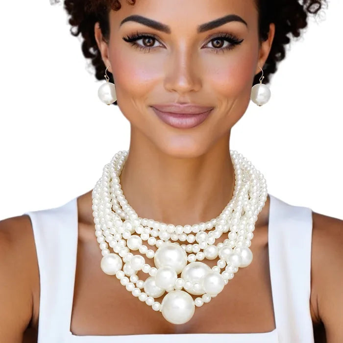 Pearl Cream Old Hollywood Layered Chunky Necklace