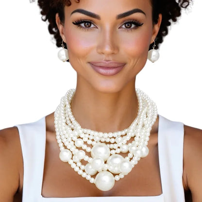 Pearl Cream Old Hollywood Layered Chunky Necklace