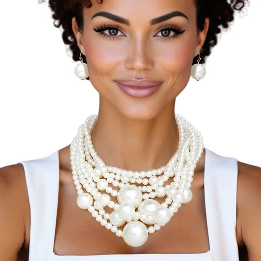 Pearl Cream Old Hollywood Layered Chunky Necklace