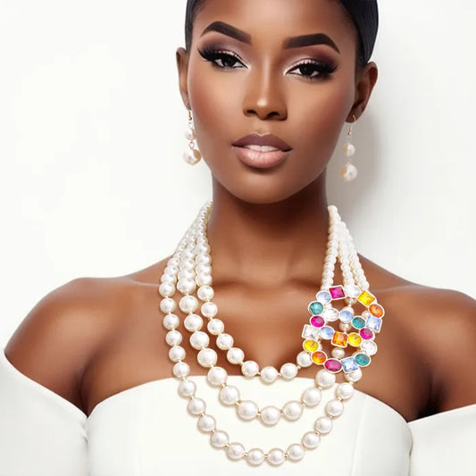 Multi-Color Infinity Ring 3-Layer Pearl Necklace Set