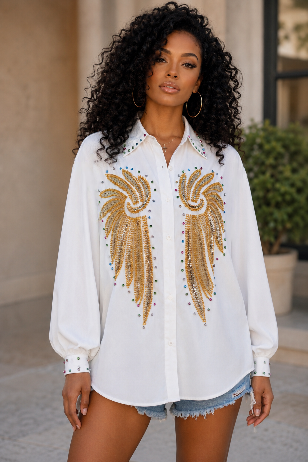 STUDDED RHINESTONE WINGS OVERSIZED TOP