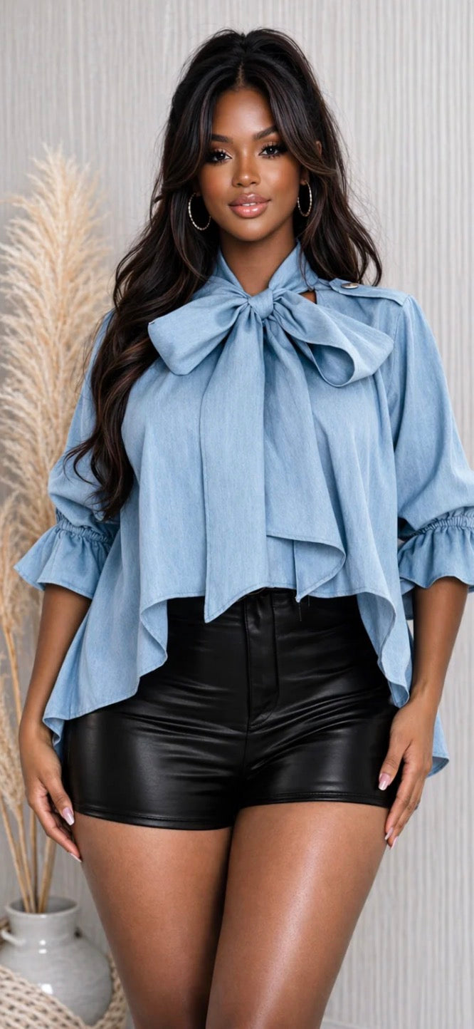 RUFFLE SLEEVE BOW NECK DENIM BLOUSE