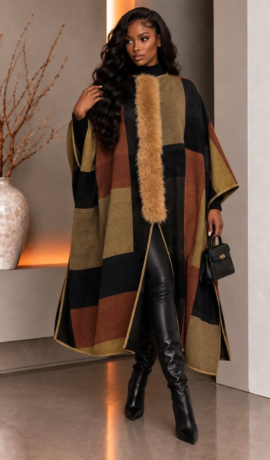 FAUX FUR DETAIL LONG PONCHO (ONE SIZE)